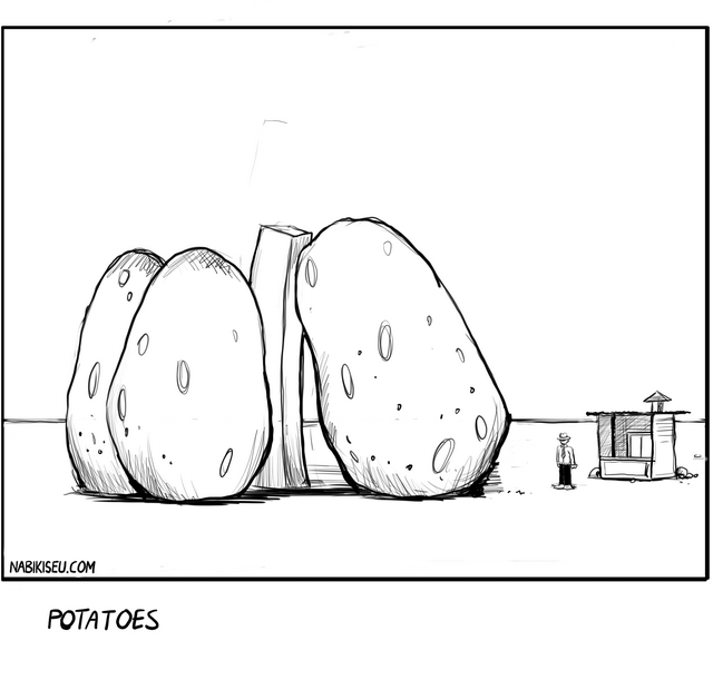 Surreal cartoon featuring oversized potatoes towering over a tiny human. Minimalist black and white comic exploring scale, perspective, and agricultural absurdity.