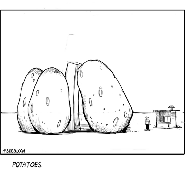 Surreal cartoon featuring oversized potatoes towering over a tiny human. Minimalist black and white comic exploring scale, perspective, and agricultural absurdity.