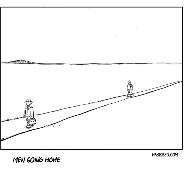 men going home - NabiKiseu men heading home in a sparse, existential landscape.