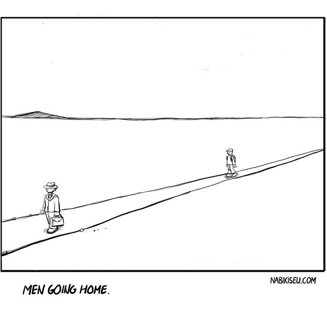 men going home - NabiKiseu
men heading home in a sparse, existential landscape.