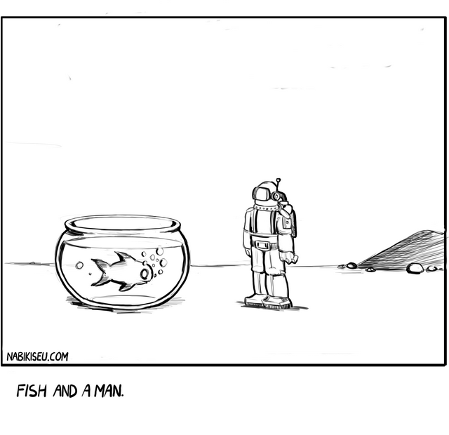 Minimalist black and white line drawing comic showing a goldfish swimming in a round fishbowl on the left side of a barren, moon-like landscape, facing an astronaut in a spacesuit on the right. Caption reads "FISH AND A MAN. VIS EN 'N MAN." A visual pun on the phrase vis-à-vis.
