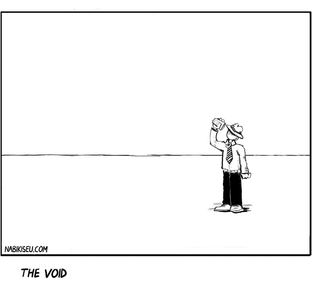 The Void (Die Leemte) - Empty Coffee Cup Comic | Nabikiseu Meta Description: Minimalist single-panel comic about a businessman discovering his coffee cup is empty. Existential crisis meets Monday morning reality. By Nabikiseu. URL: nabikiseu.com/the-void-die-leemte