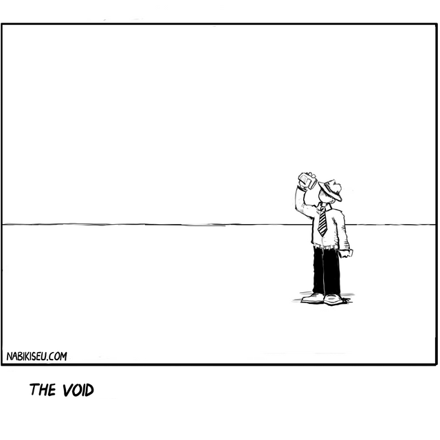 The Void (Die Leemte) - Empty Coffee Cup Comic | Nabikiseu Meta Description: Minimalist single-panel comic about a businessman discovering his coffee cup is empty. Existential crisis meets Monday morning reality. By Nabikiseu. URL: nabikiseu.com/the-void-die-leemte