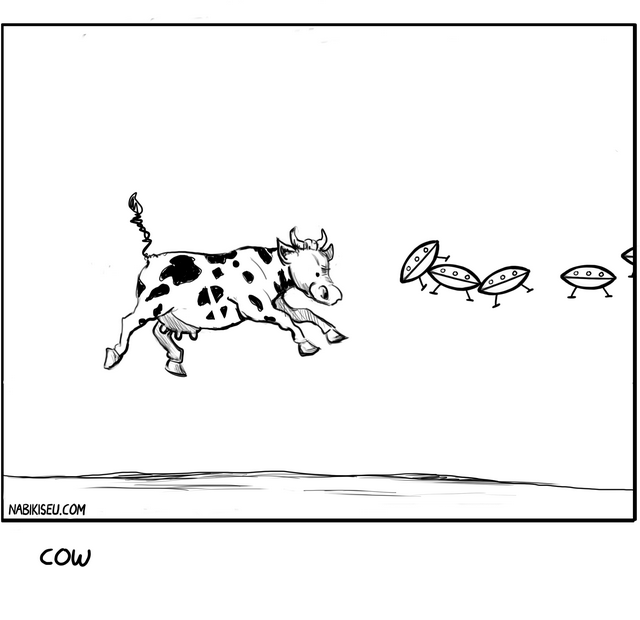 Black and white line drawing of a cow running to the right while four oval-shaped UFOs with small legs run away from it