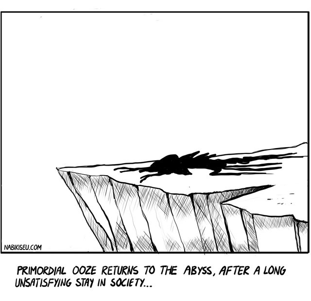 Black and white ink drawing showing silhouetted figure diving from cliff edge into abyss, with crosshatched cliff face and text about primordial ooze returning after unsatisfying stay in society