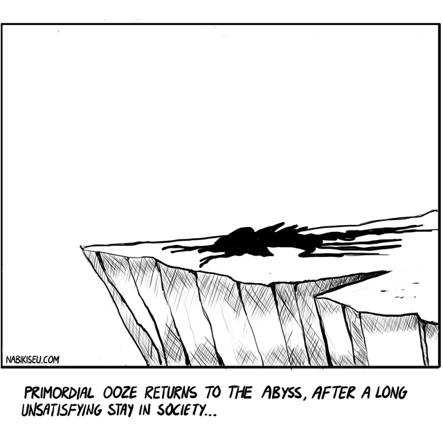 Black and white ink drawing showing silhouetted figure diving from cliff edge into abyss, with crosshatched cliff face and text about primordial ooze returning after unsatisfying stay in society