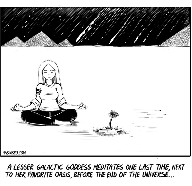 a lesser galactic goddess meditates one last time. contemplative piece. The stark black and white contrast creates a powerful sense of cosmic scale—the meteor shower or streaking stars above the crosshatched mountains feels almost apocalyptic, yet the figure meditating below remains completely serene and centered.