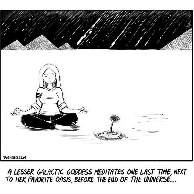 a lesser galactic goddess meditates one last time. contemplative piece. The stark black and white contrast creates a powerful sense of cosmic scale—the meteor shower or streaking stars above the crosshatched mountains feels almost apocalyptic, yet the figure meditating below remains completely serene and centered.