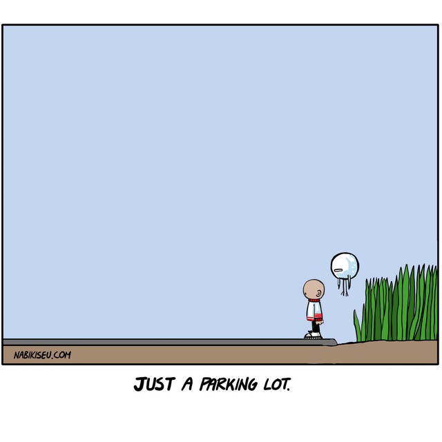 A small figure and a floating moon creature stand at the edge of a vast pale blue empty space, with tall grass still visible behind them on the right.