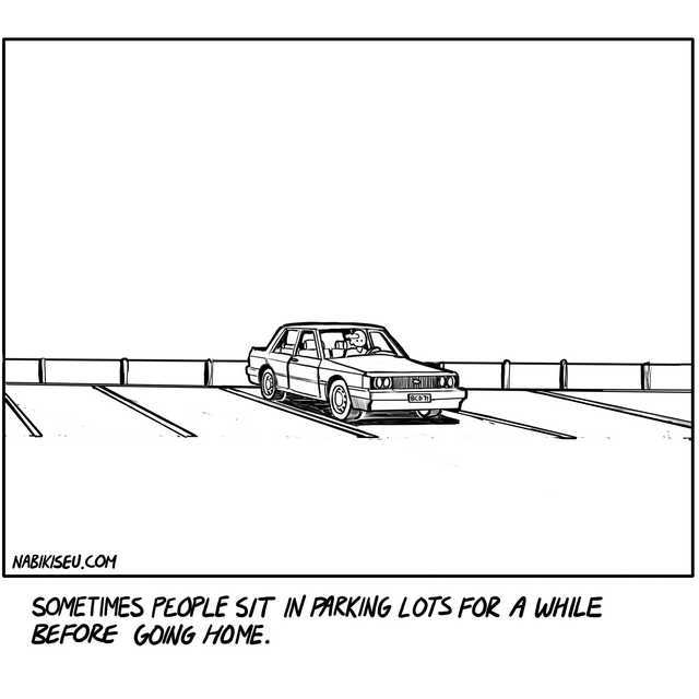 Memory
Loneliness
Nostalgia
Quiet Comics
Emotional Weather
Modern Life 
A lonely bald man sitting in a parked car at night after shopping.
A quiet comic about emotional exhaustion, loneliness, overstimulation, and the strange silence of sitting alone in a parking lot before going home.