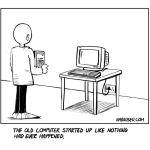 Nothing Had Ever Happened. A bald man holding an old computer tower stands beside a CRT monitor and keyboard on a table in a quiet empty room.
