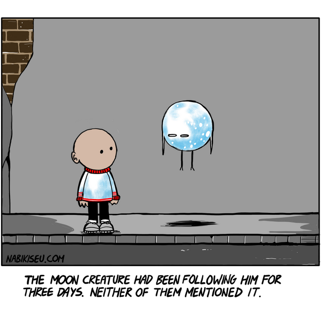 A small figure stands on a sidewalk facing a floating blue moon creature with thin legs, neither acknowledging the other" — descriptive and slightly eerie, which suits the strip.