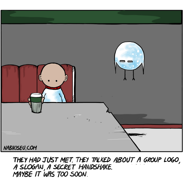 moving too fast in relationships eager to belong mental health webcomic loneliness and connection moon creature comic awkward bonding illustration A small figure sits alone at a café table with a coffee cup, while a floating blue moon creature hovers nearby — both apparently planning their new friendship's branding."
