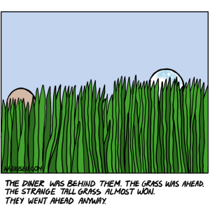 wo heads — one human, one blue moon creature — barely visible above an overwhelming field of tall green grass beneath a pale blue sky.