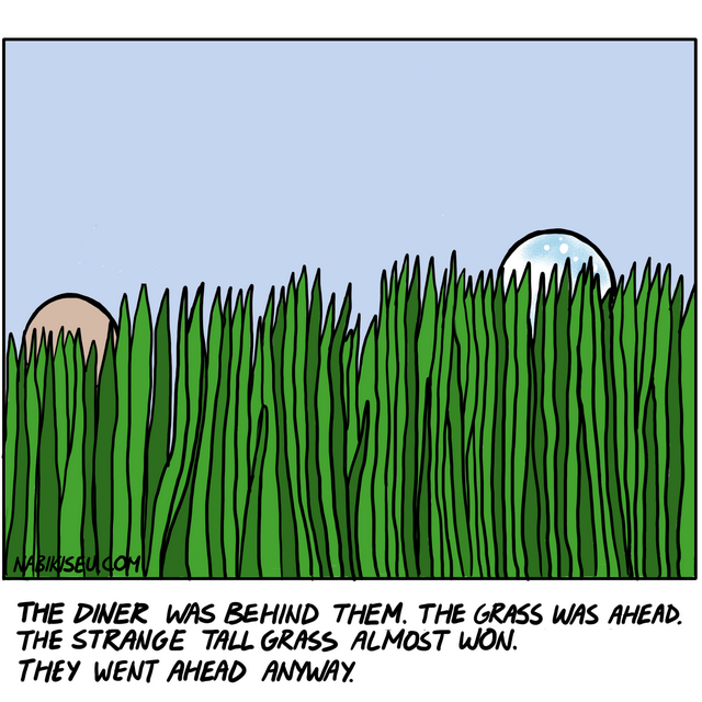 wo heads — one human, one blue moon creature — barely visible above an overwhelming field of tall green grass beneath a pale blue sky.