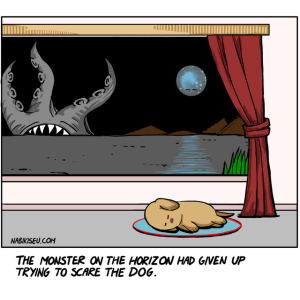 panel shows a massive tentacled monster with sharp teeth looming large; andpanel shows a small dog sleeping peacefully on an oval rug, entirely unbothered.