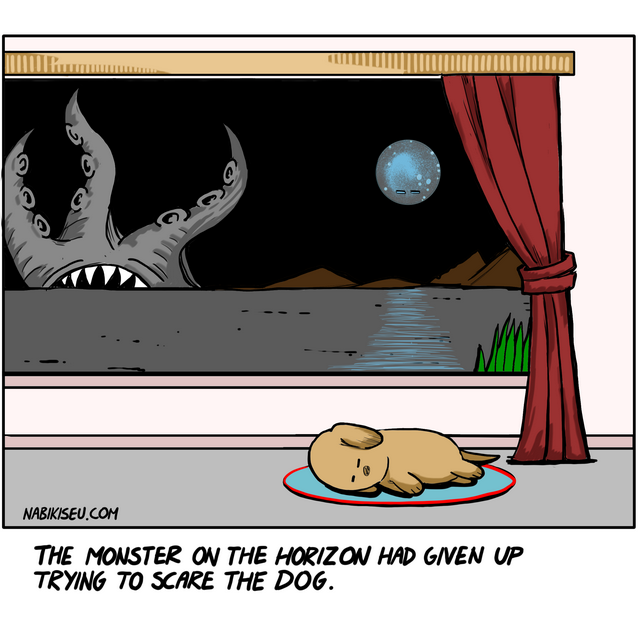 panel shows a massive tentacled monster with sharp teeth looming large; andpanel shows a small dog sleeping peacefully on an oval rug, entirely unbothered.