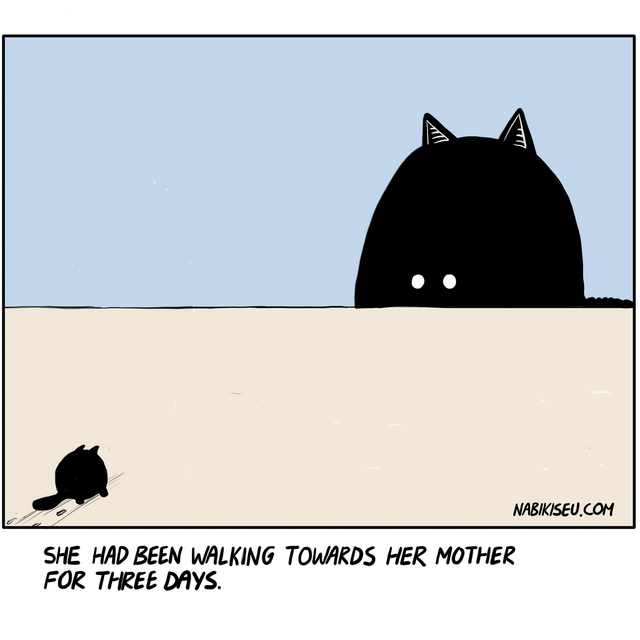 A tiny black cat walks across a vast sandy plain towards an enormous black cat silhouette on the horizon, its white eyes watching, under a pale blue sky.
