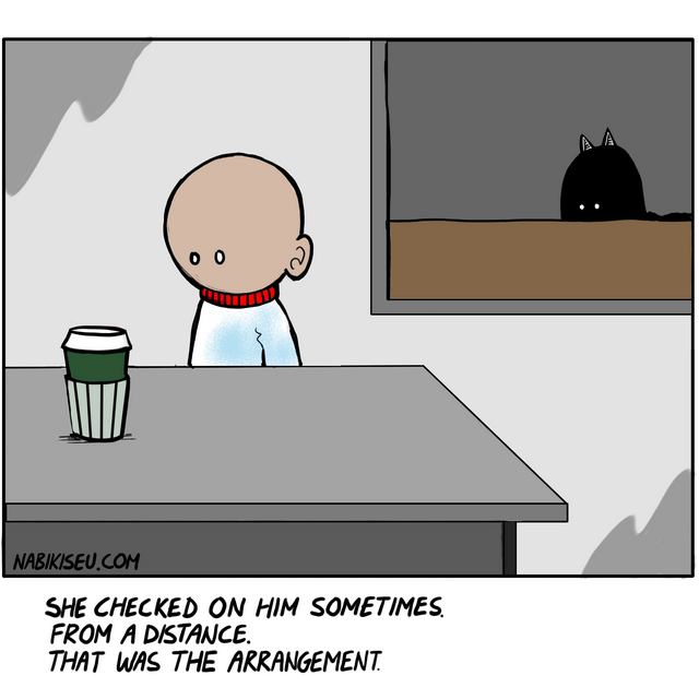 A small figure sits alone at a table with a coffee cup inside a grey-walled room, while through the window a large black cat silhouette with white eyes watches from the darkness outside.