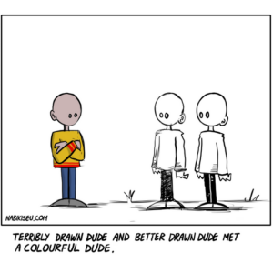 Three simply drawn characters stand facing each other — one in full colour on the left, two in black and white on the right — in a minimalist comic panel.