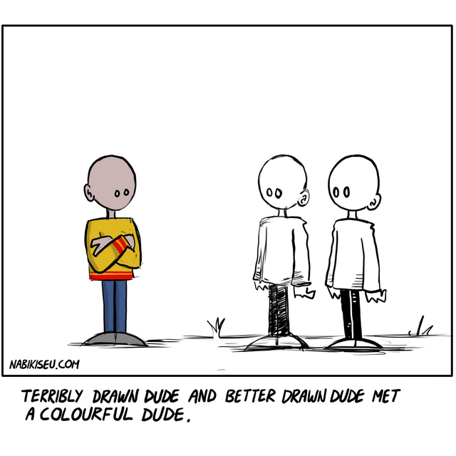 Three simply drawn characters stand facing each other — one in full colour on the left, two in black and white on the right — in a minimalist comic panel.