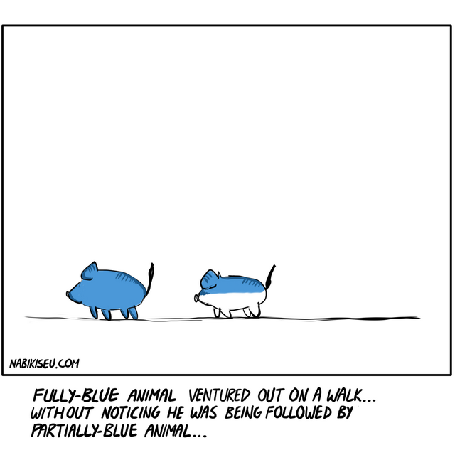 A fully blue animal walks ahead, unaware it is being followed at a distance by a partially blue and white animal, in a minimalist comic panel.