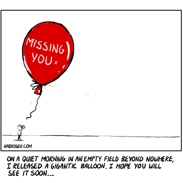 A tiny figure releases a gigantic red balloon with a simple message: Missing You. A minimalist illustration about love, distance and longing