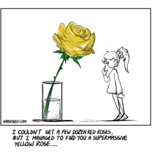 Cartoon illustration of a small girl looking up at a giant supermassive yellow rose in a drinking glass of water